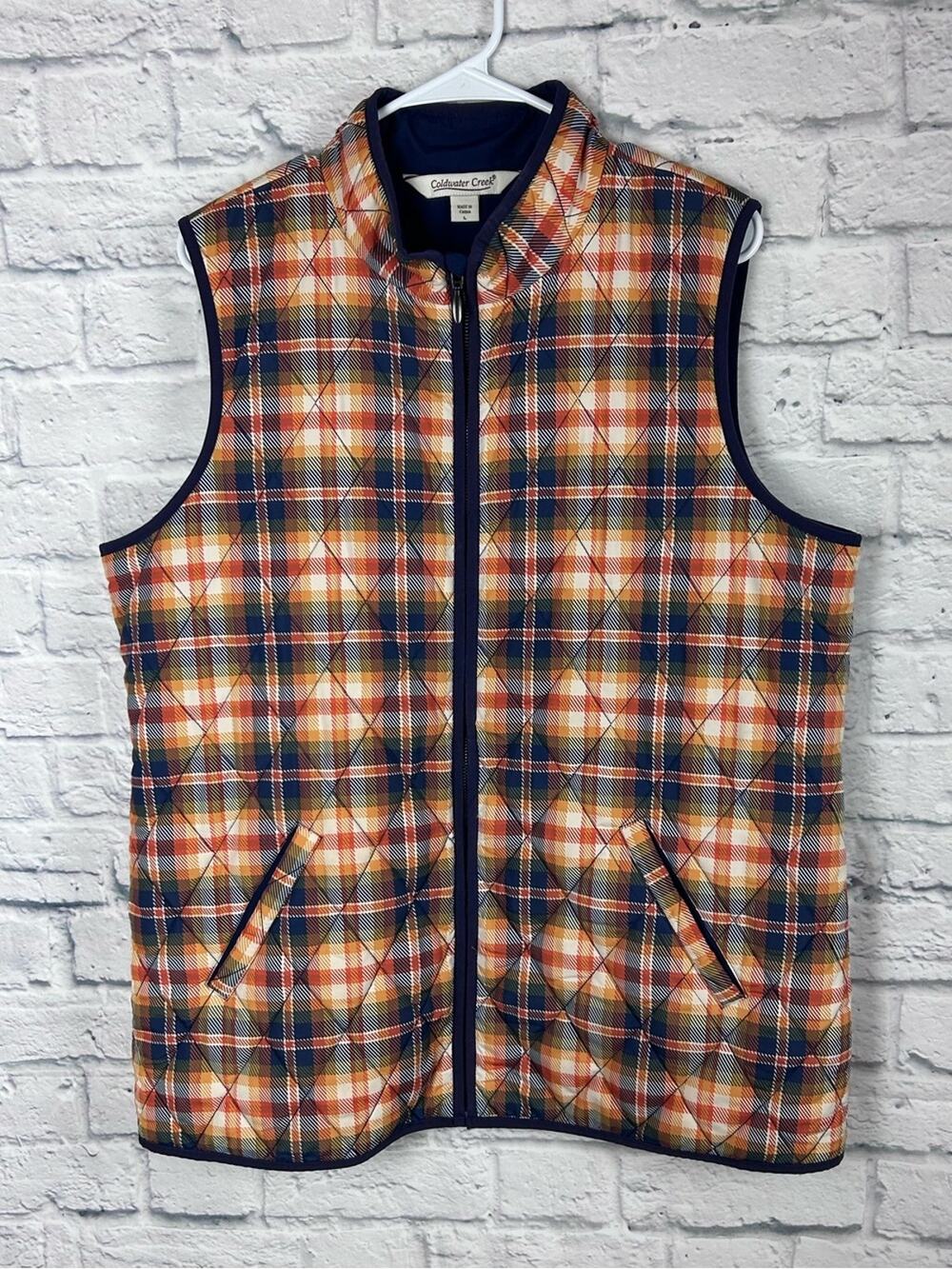 Coldwater Creek Plaid Quilted Puffer Vest Orange Navy Full Zip Women XL